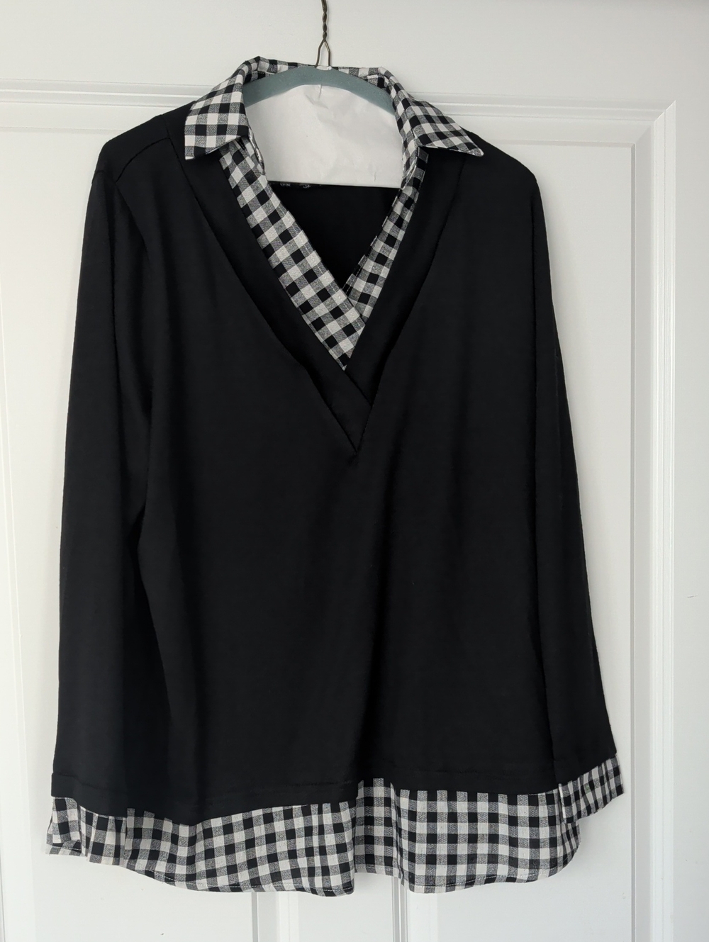 Black Layered-Look V-Neck Top with Gingham Trim